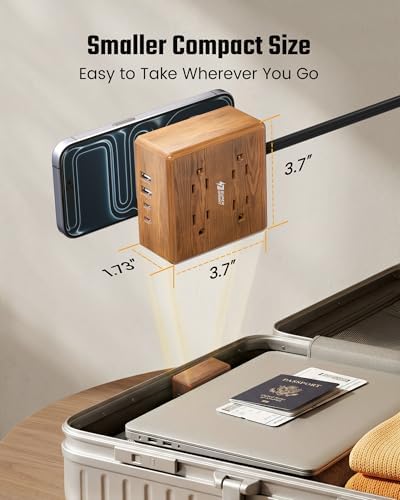 USB Power Strip Surge Protector - SUPERDANNY Desktop Extension Cord with 4 Widely Spaced Outlets & 4 Smart USB Ports, Portable Charging Station for Home, Office, Hotel, Dorm, RV, Faux Walnut Grain