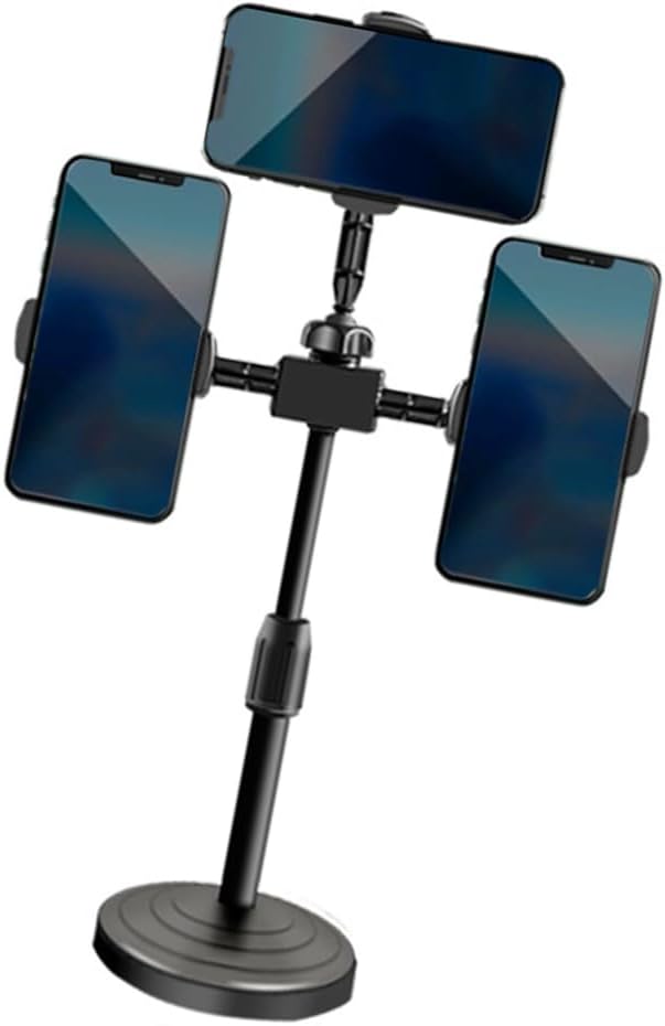 Triple Clip Phone Mount Adjustable Telescoping Desk Stand for Live Streaming Video Conferencing Multiple Angle Shootings