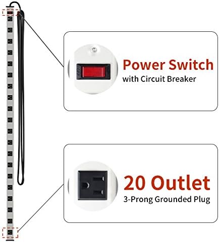 20 Outlet Heavy Duty Metal Socket Power Strip,15-Foot Long Extension Cord with Circuit Breaker. Mounting Brackets Included,Workshop/Industrial use,ETL Certified