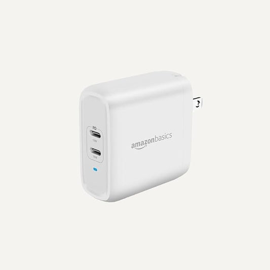 Amazon Basics 36W Dual Port USB-C Wall Charger with Power Delivery, Foldable Plug, for Tablets and Phones, Apple Watch, White, 2.34 x 1.09 x 2.21 in (PD36U-2TNB)