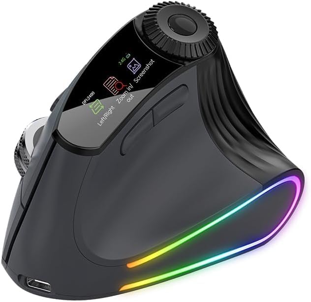 Ergonomic Wireless Mouse, Bluetooth Vertical Silent Mouse with LED Screen and Knob Control, Rechargeable, 4800 DPI, Hyper-Fast Scrolling, 3 Multi-Device Connections, for PC and Mac Systems