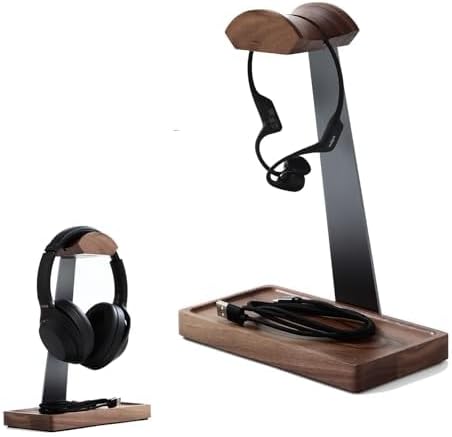 Walnut Headphone Stand, Wood Headset Stand for Desk, Gaming Headphone Holder with Storage Base Compatible with Airpod max, Bose, Razer, Sennheiser, Jabra, JBL, AKG, Grey, Vintage Gift for Men