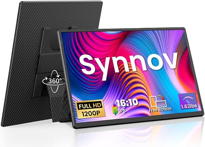 Synnov Portable Monitor, 16" 1200P FHD Laptop Screen Extender, 360° Rotating Detachable Stand, Plug&Play Travel Monitor for Laptop, Ultra-Slim & Zero-Frame Dual Screen for Win/Mac/Android