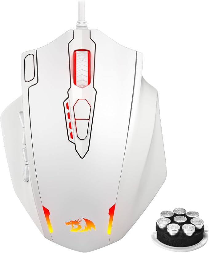 Redragon M908 Impact RGB LED MMO Gaming Mouse with 12 Side Buttons, Optical Wired Ergonomic Mouse with Max 12,400DPI, High Precision, 18 Programmable Macro Shortcuts, Comfort Grip, White