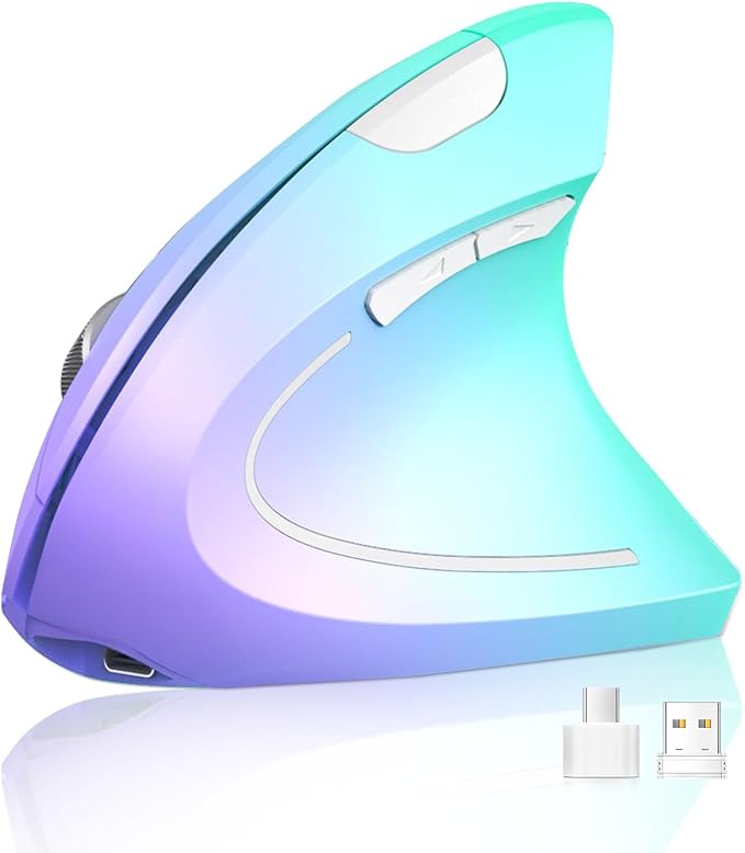 Lekvey Ergonomic Mouse, USB-C Wireless Vertical Mouse, Rechargeable Dual Mode Mice with 2.4G USB-A Receiver and Type-C Adapter, 3 Adjustable DPI, Relieves Wrist Pain, for Laptop, PC, Mac, Green Violet
