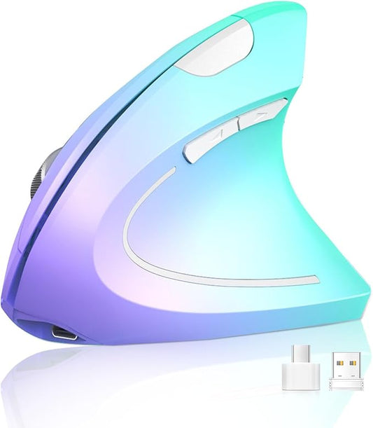 Lekvey Ergonomic Mouse, USB-C Wireless Vertical Mouse, Rechargeable Dual Mode Mice with 2.4G USB-A Receiver and Type-C Adapter, 3 Adjustable DPI, Relieves Wrist Pain, for Laptop, PC, Mac, Green Violet