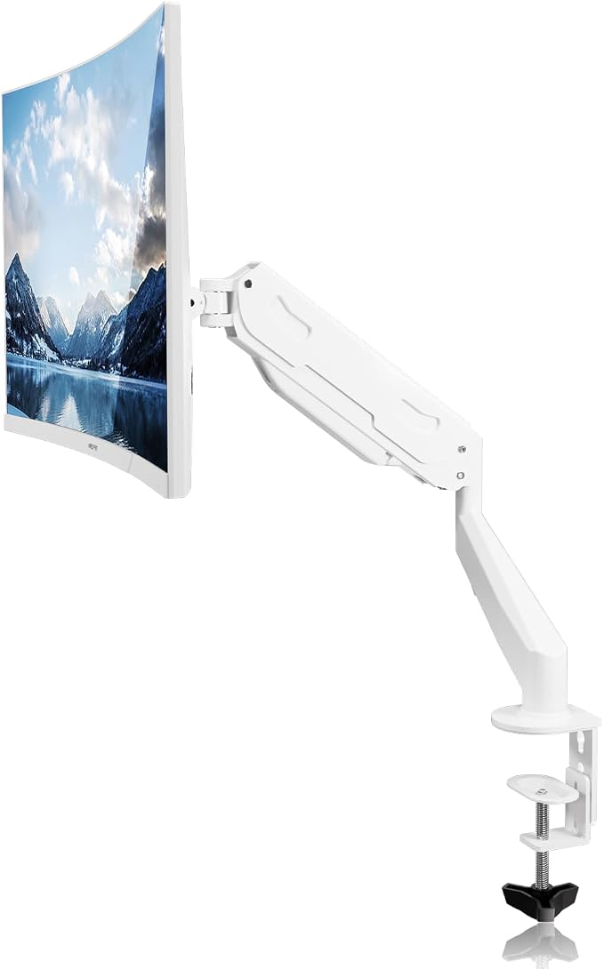 Pholiten Single Monitor Mount, Fully Adjustable Gas Spring Single Monitor Arm for up to 32 inch Screens, Computer Monitor Stand for Desk Holds up to 24lb, VESA 75/100mm, White