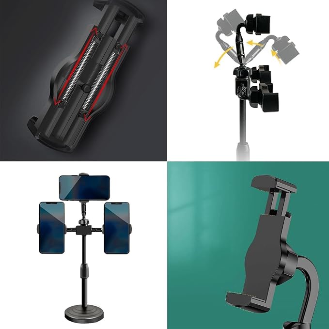 Triple Clip Phone Mount Adjustable Telescoping Desk Stand for Live Streaming Video Conferencing Multiple Angle Shootings