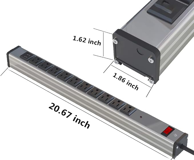Oviitech10 Outlets Aluminum Power Strip Metal Socket Heavy Duty with 6 Ft Extension Cord, Workshop, Industrial, 15A, 125V, 1875W. Silver and Black