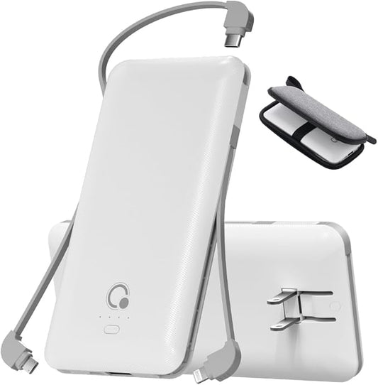 Portable Charger with Built-in Cables and AC Wall Plug, USB C External Battery Pack, 10000mAh Travel Essentials Power Bank Compatible with iPhone17/16/15/14/13, Samsung Galaxy, Pixel,Tablet and More