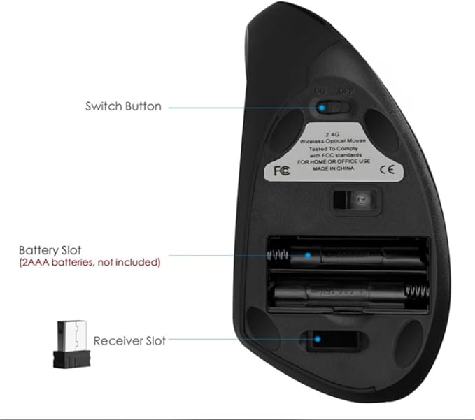 Left Handed Mouse, Wireless 2.4 GHz USB Lefty Ergonomic Vertical Mouse, Less Noise Cordless Mice with USB Receiver, 6 Buttons for Laptop Computer PC Desktop Mac Specifically for Left Hand(Black)