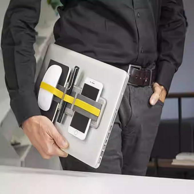 3-Pocket Adhesive Hard Drive Holder for Laptop, Mouse Holder for Laptop, SSD, USB Drive, Mouse, Cables (Yellow)