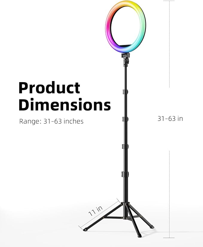 TODI 12" RGB Ring Light with 63" Tripod Stand, 3 CCT Mode and 39 Color Mode Selfie RingLight with Stand, 2-in-1 LED Ring Light with Selfie Remote, for Makeup, Live Stream