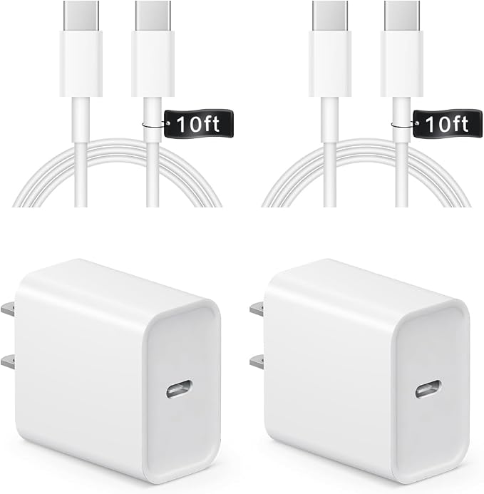 iPhone 17 16 15 Charger Fast Charging 10FT - 20W USB C Charger Block with 10FT Type C to C Cable Compatible with iPhone 17/17 Pro/17 Pro Max/Air/16/16e/15, iPad Pro, iPad Air (White)