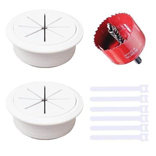 2 Pack Desk Grommet 2 Inch (50 mm) White, Desk Hole Cover for Cables, White Desk Cord Hole Cover for Office Home Table, Cable Grommet with 1 Hole Saw Drill Attachment & 6 Cable Ties