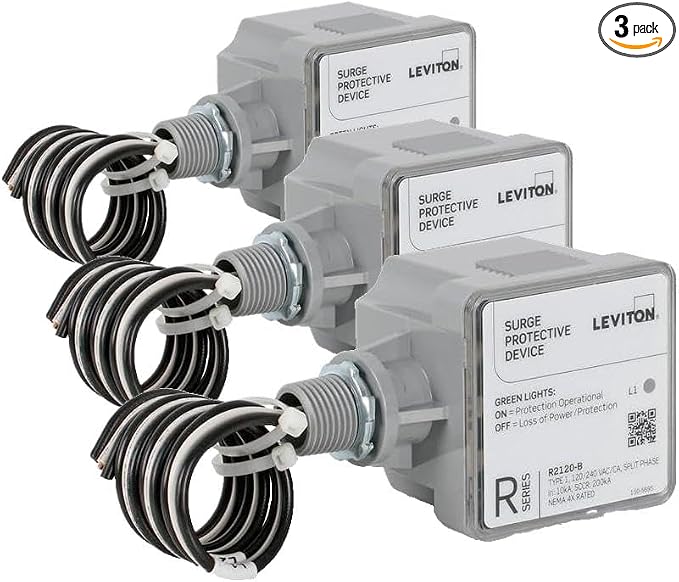 Leviton Type 1 Surge Protective Panel, Residential Home Surge Protection, 120/240 VAC, Split Phase, 36kA per Phase, R2120-B SPD (Pack of 3)