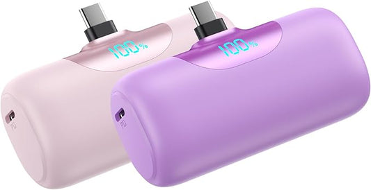 [2-Pack]Mini Portable Charger for iPhone 17/16,5500mAh LCD Display USB C Power Bank,Fast Phone Charging Travel Pocket Size Battery Pack for iPhone 17/17 Pro Max/Air/16/15 Series,Android(Pink+Purple)