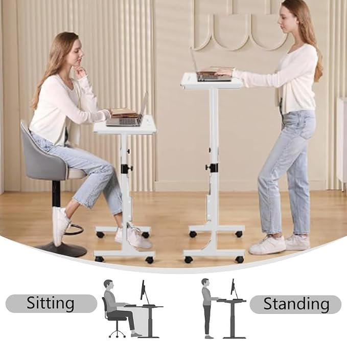 Portable Standing Desk Adjustable Height 27.5"-43.3", Small Computer Desk with Wheels, Foldable Home Office Desk, Folding Table for Laptop, Rolling Desk for Small Space, White