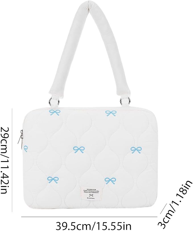 Cute Bow Laptop Case Coquette 13-15 Inch Puffy Laptop Sleeve Accessories Aesthetic Quilted Computer Bag for MacBook (White 1, 15-15.6)
