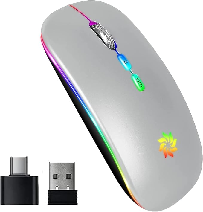 KBCASE Wireless Mouse, LED Wireless Mouse for Laptop, Slim Silent Mouse 2.4G Rechargeable Wireless Computer Mouse for Laptop, MacBook, iPad, Chromebook, with USB & Type-c Receiver