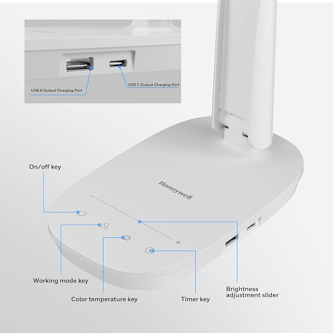 Honeywell HWT-H2 LED Desk Lamp, CRI94 Full Spectrum Eye-Caring Table Light, Foldable Dimmable 4 Color Modes with USB A+C Charging Ports for Home Office Bedroom Reading Study Work (White)