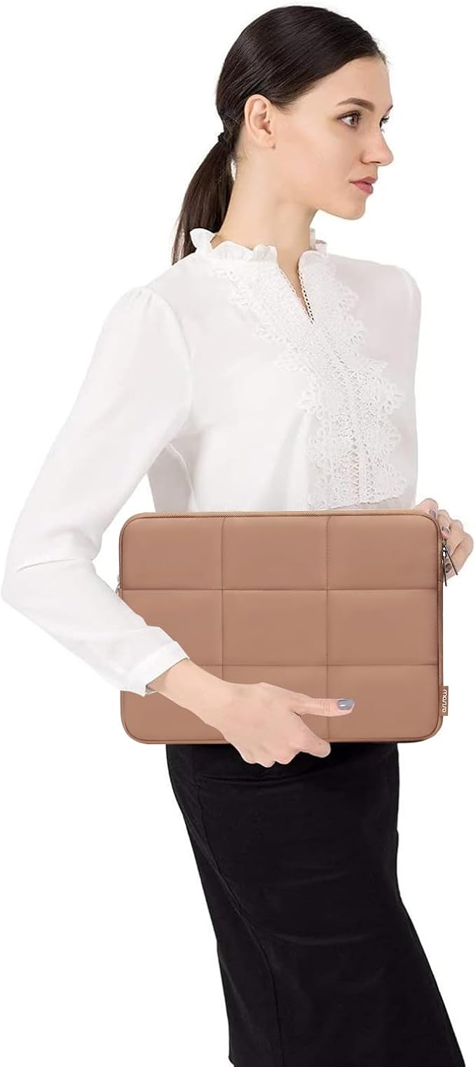 MOSISO Laptop Case 13.3 inch, 13-13.3 inch Puffy Laptop Sleeve Compatible with MacBook Air 13 13.6/Pro 13/Pro 14, HP Dell ASUS Lenovo, Rectangle Quilted Puffer Computer Bag for Women, Brown