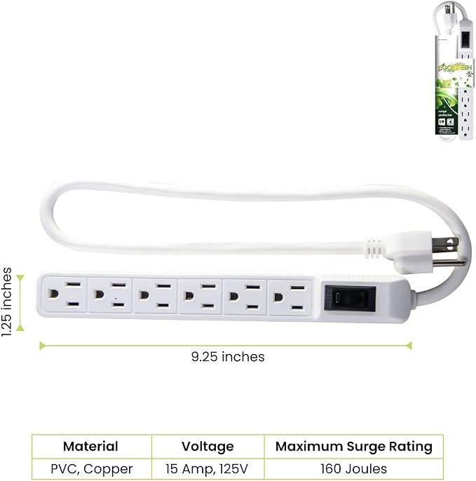 Go Green Power 6-Outlet Mini Surge Protector, 90 Joules, Circuit Breaker, Mountable, White – Ideal for Computers & Home Appliances