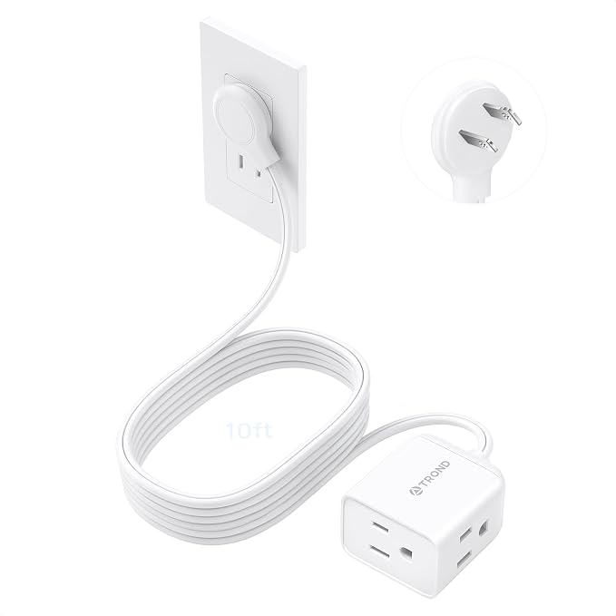 TROND Indoor 2 Prong to 3 Prong Extension Cord - Polarized Flat Plug 3 Outlet Extension 10ft, 16 Gauge Cable, 1625W for Non-Ground Socket in Old House School Home Office Kitchen Dorm Room, White
