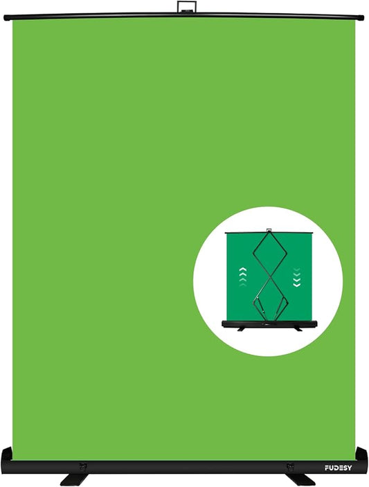 FUDESY 61 x 77.5in Collapsible Green Screen, Portable Retractable Chroma Key Backdrop, Wrinkle-Resistant Fabric Pop Up Photo Background with Stand for Streaming, Video Conference, Photographic Studio