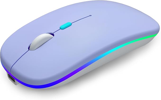 AIKOKOK Wireless Bluetooth Mouse, Rechargeable, Dual Mode Bluetooth 5.2 & 2.4G USB, LED Lights, Slim, Silent, Portable Computer Mouse for Laptop, PC, MacBook, iPad, Tablet (Purple)