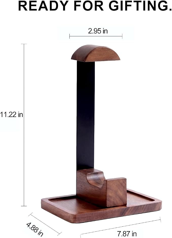 Headset Stand with Gaming Controller Holder, Walnut Wood Headphone Stand with Storage Base, Gaming Equipment Accessories for Desk Fits Xbox PS5 PS4 PC Gaming