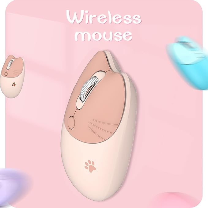 Lomiluskr Cute Cat Wireless Mouse, Lightweight Soundless Mice, 2.4G Wireless Mice, Candy Colors, Kawaii Mouse for Girls and Kids (Milk Tea)