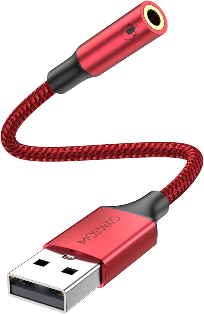 MOSWAG USB to 3.5mm Jack Audio Adapter, USB to Aux Cable with TRRS 4-Pole Mic-Supported Headphone AUX Adapter External Sound Card for Laptop PC PS4 PS5 and More (0.65Feet/20cm, Red)
