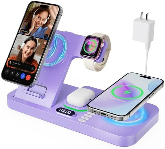 Dual Phone Magnetic Wireless Charging Station for Apple Devices/Apple Ecosystem, 7-Color Auto Light & 12H Clock, Multi-Device Charger for iPhone 17/16/15, for iWatch 11/10/9 & AirPods Pro3(Purple