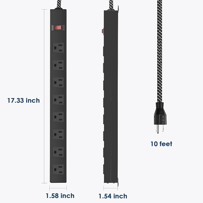 8 Outlet Power Strip - Metal Power Strip with Switch,Wide Spaced Moutable Surge Protector 1200J,10ft 14Awg Braided Cord,Home Office Industrial Garage Commercial