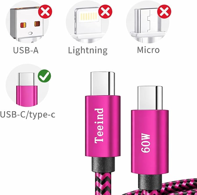 Teeind Type C Cable Fast Charging, Tpc002 3 Pack(3Ft/0.9M 60W) C to Type C Charger Nylon Braided Cord Compatible with iPhone 17/17 pro, 16/16 pro, MacBook, Samsung Galaxy S25/24/23/22, for Daily Use