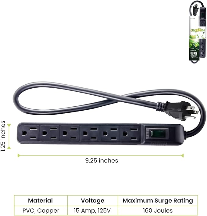 Go Green Power Inc. GG-16103MINBK 6 Outlet Surge Protector, Black