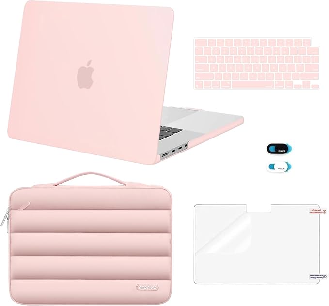 MOSISO Compatible with MacBook Pro 16 inch Case M5 M4 M3 M2 M1 2026-2021 A3429 A3428 A3403 A3186 A2991 A2780 A2485, Shell&Puffy Sleeve Bag&Keyboard Cover&Webcam Cover&Screen Protector, Pink