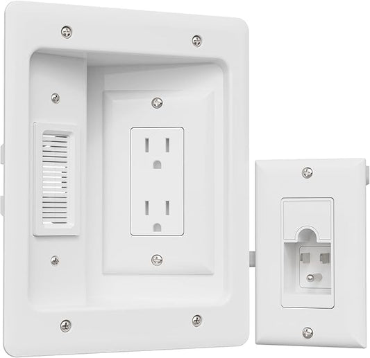 TV Cord Hider for Wall Mounted TV, in-Wall Cable Management Kit, Outlet Box– Dual Outlet Cord Hider with Power & Low Voltage Support, Includes Drywall Saw, Template & Extension Cable