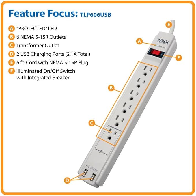 Tripp Lite 6 Outlet Surge Protector Power Strip 6ft Cord 990 Joules Dual USB Charging LED & INSURANCE (TLP606USB