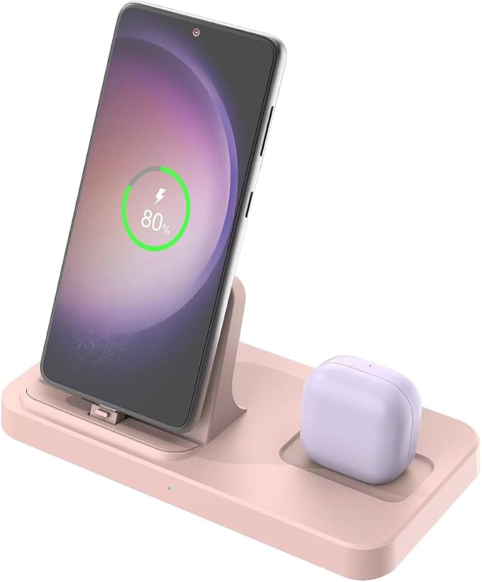 2 in 1 Charging Station for Multiple Devices, Charger Dock for iPhone 17/16/15 Series with Type-C Interface and Samsung Galaxy S25 Ultra/S25/S24+/Note20/A55/A35/Z Fold/Z Flip and Earbuds, Pink