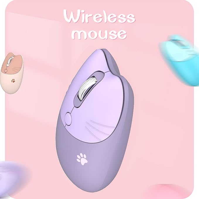 Lomiluskr Cute Cat Wireless Mouse, Lightweight Soundless Mice, 2.4G Wireless Mice, Candy Colors, Kawaii Mouse for Girls and Kids (Purple)
