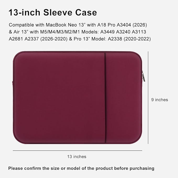 Laptop Sleeve for MacBook Neo/Air/Pro 13 inches A18/M5/M4/M3/M2/M1 Chip 2026-2020 A3404 A3449 A3240 A3113 with 2 Pockets Tablet Bag Case Accessories