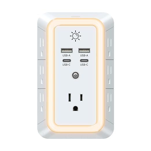Multi Plug Outlet, USB Wall Charger, Surge Protector, 7 Outlet Extender with 4 USB Charging Ports (2 USB C) 1680J Power Strips Outlets with Night Light, Wall Plug Adapter Spaced for Home Travel Office