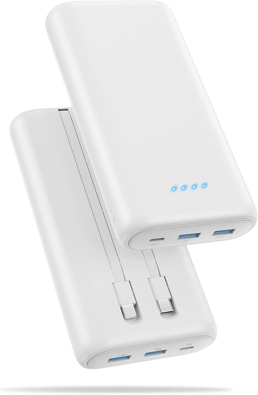 Ekrist Upgraded Portable Charger 40800mAh Power Bank - Portable Battery with 2 Built in Cables,PD 25W USB C Fast Charging Battery Pack Compatible with iPhone 17 16 15 14 13 Android Phone etc-White