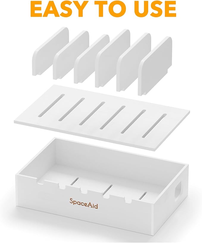 SpaceAid Bamboo Charging Station for Multiple Devices, Cell Phone Docking Stations for Multi Laptop, Tablets and iPads, Nightstand Bedside Desk Device Charger Organizer (White)