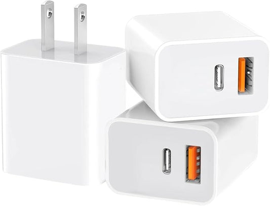 3 Pack USB C Charger Block,20W USB-C & USB-A Port Charger，for i Phone 17/16/15/14/13/12/11/X/8, i Pad and More