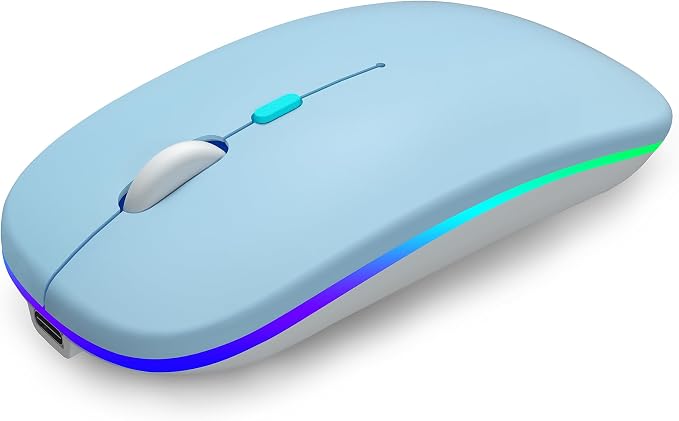 AIKOKOK Wireless Bluetooth Mouse, Rechargeable, Dual Mode Bluetooth 5.2 & 2.4G USB, LED Lights, Slim, Silent, Portable Computer Mouse for Laptop, PC, MacBook, iPad, Tablet (Blue)