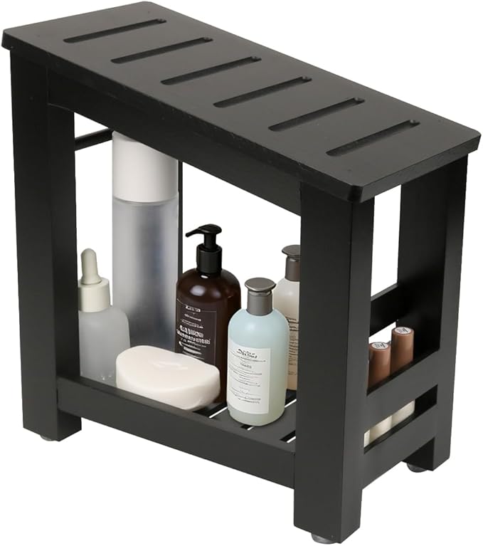 Bamboo Shower Foot Rest Stool for Shaving Legs & Pedicure, Non-Slip Bathroom Foot Step with Storage Pocket, Solid & Water-Resistant,Natural (Black)