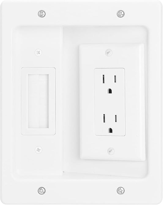 Wall Cable Concealer Kit, in Wall Cable Management Kit for TV,Recessed Outlet with Outlet Box and Brush Wall Plate,Integrated Solution for Orderly Management of Cables in the Living Room,White